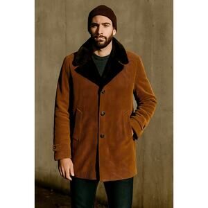 Huckberry Vintage L  Corduroy Wide Shearling Lapel Coat Long Jacket Brown 42